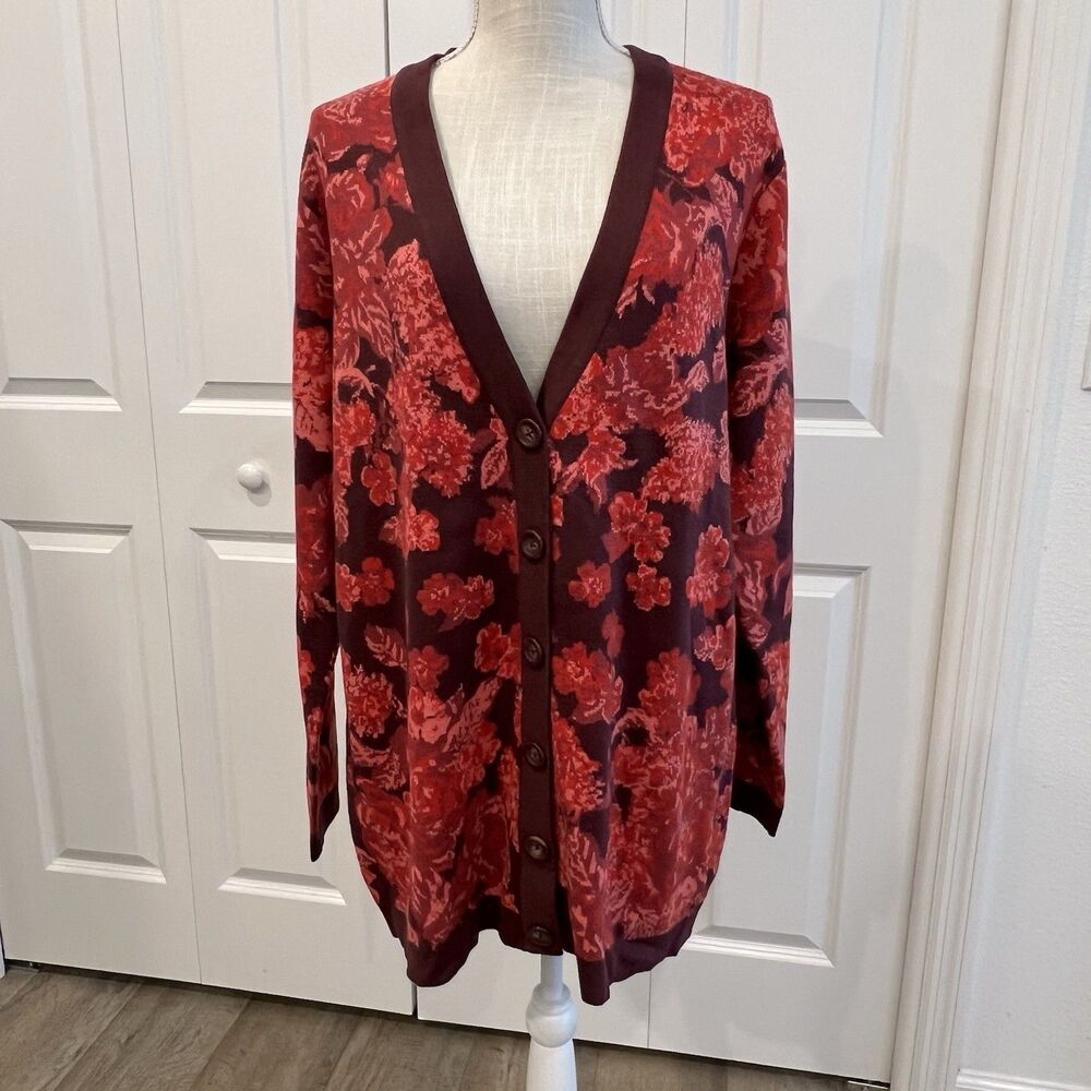 NWOT Isaac Mizrahi Women L Burgundy Floral Button Down Sweater Cardigan New